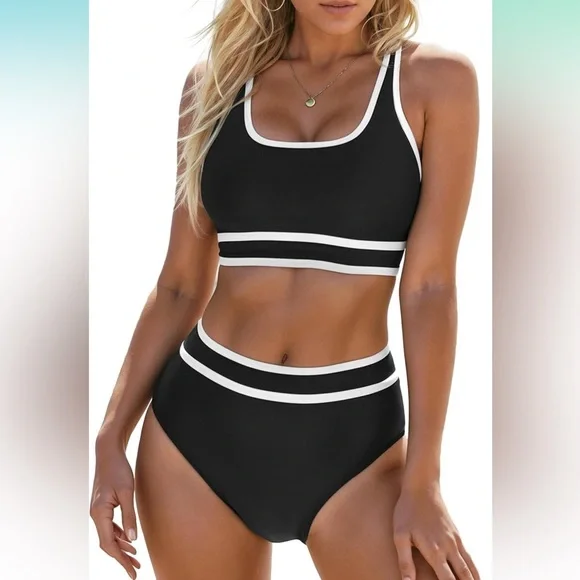 Black and White Women's high waisted Swimwear Set L NWT never - Picture 1 of 10